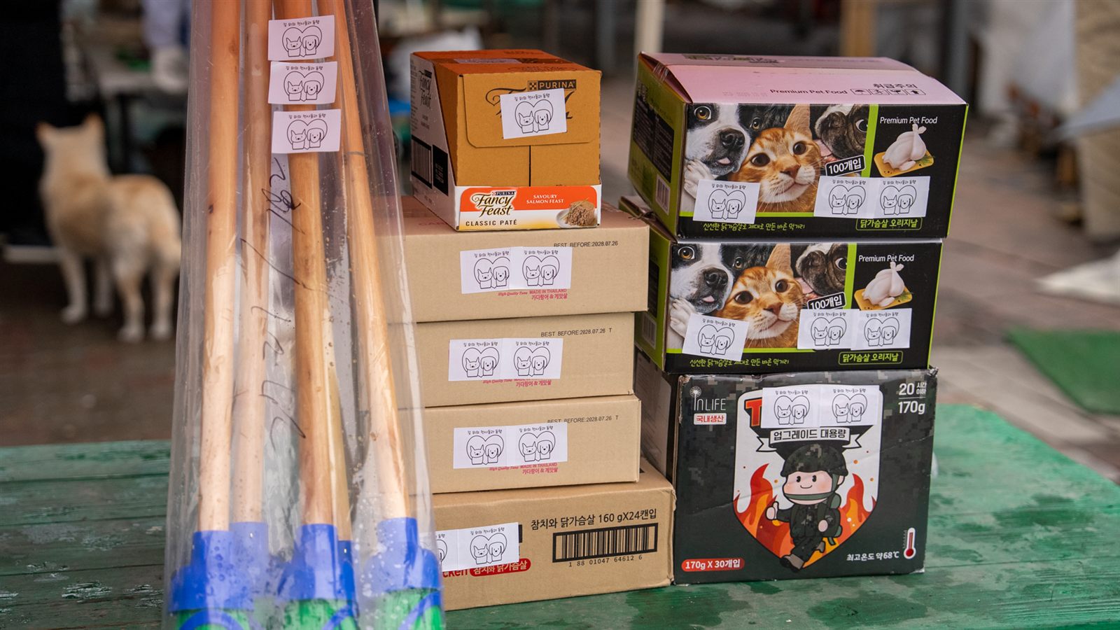길위의 천사들과 동행 이름표가 붙은 유기동물 보호시설 지원 물품과 청소 도구